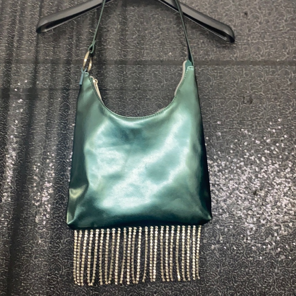Medium size purse / shoulder strap/metallic hunter green Diamond “embellish